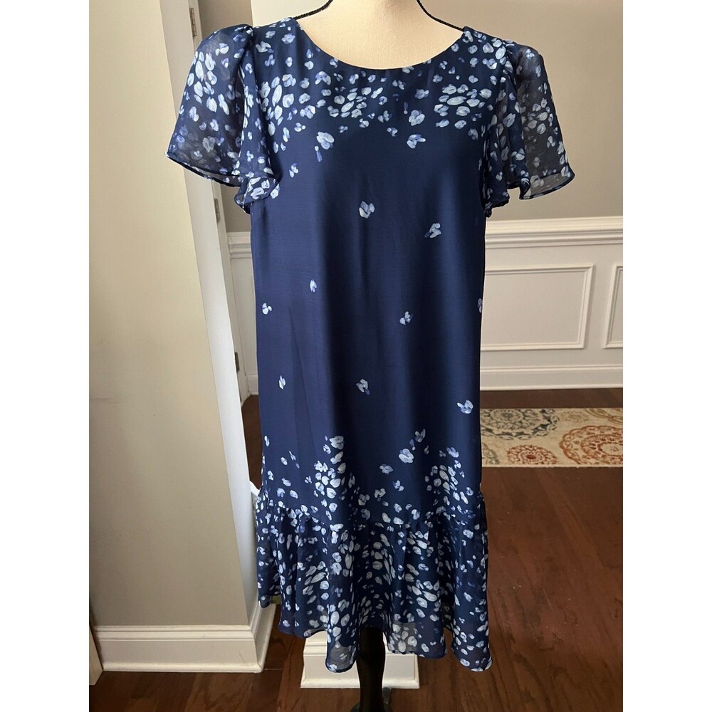 DKNY Flutter Sleeve Sheath Dress w/Ruffle Hem Navy Blue Floral Sz 12